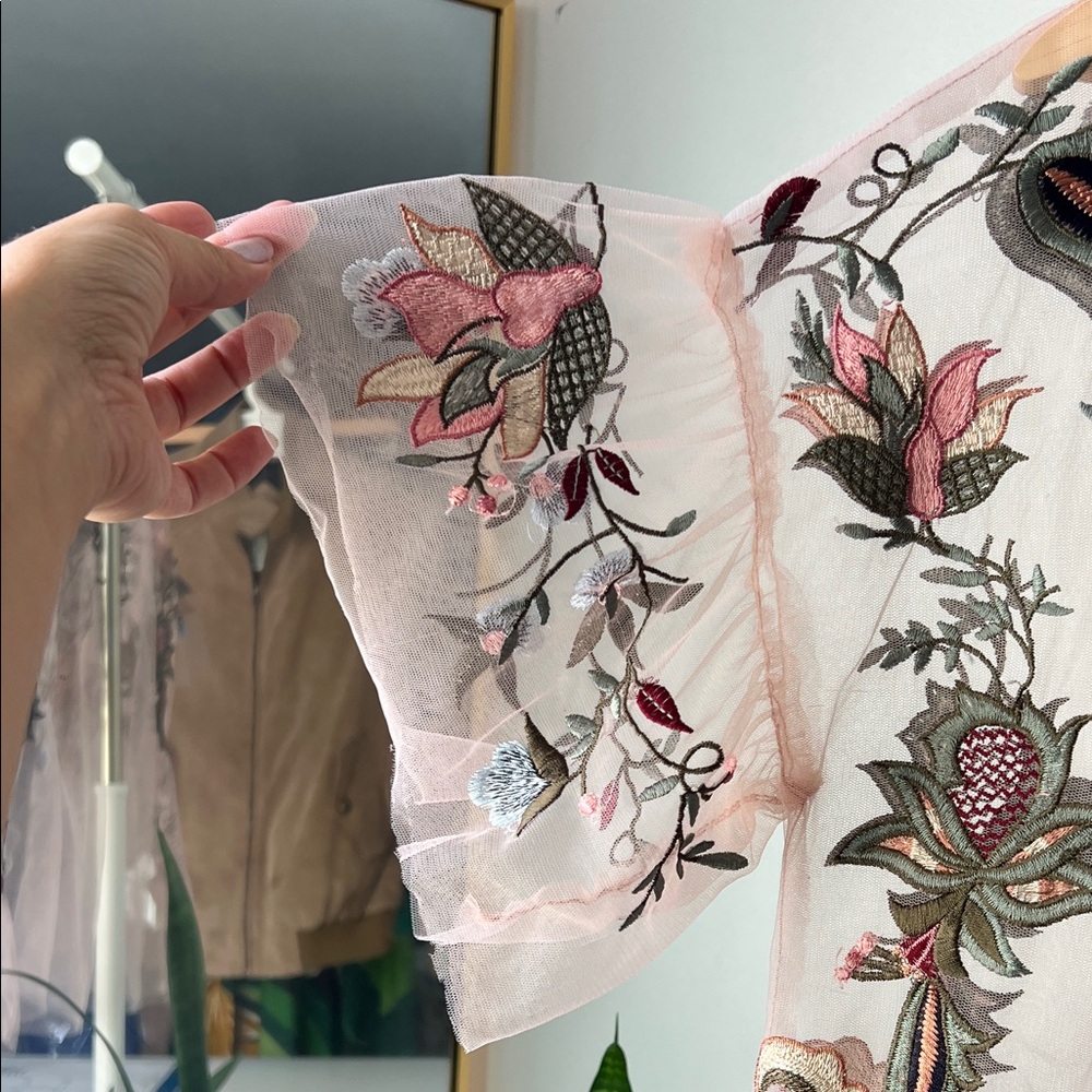 Zara Sheer Floral Embroidered Blouse - Pink and green S - Picture 7 of 10